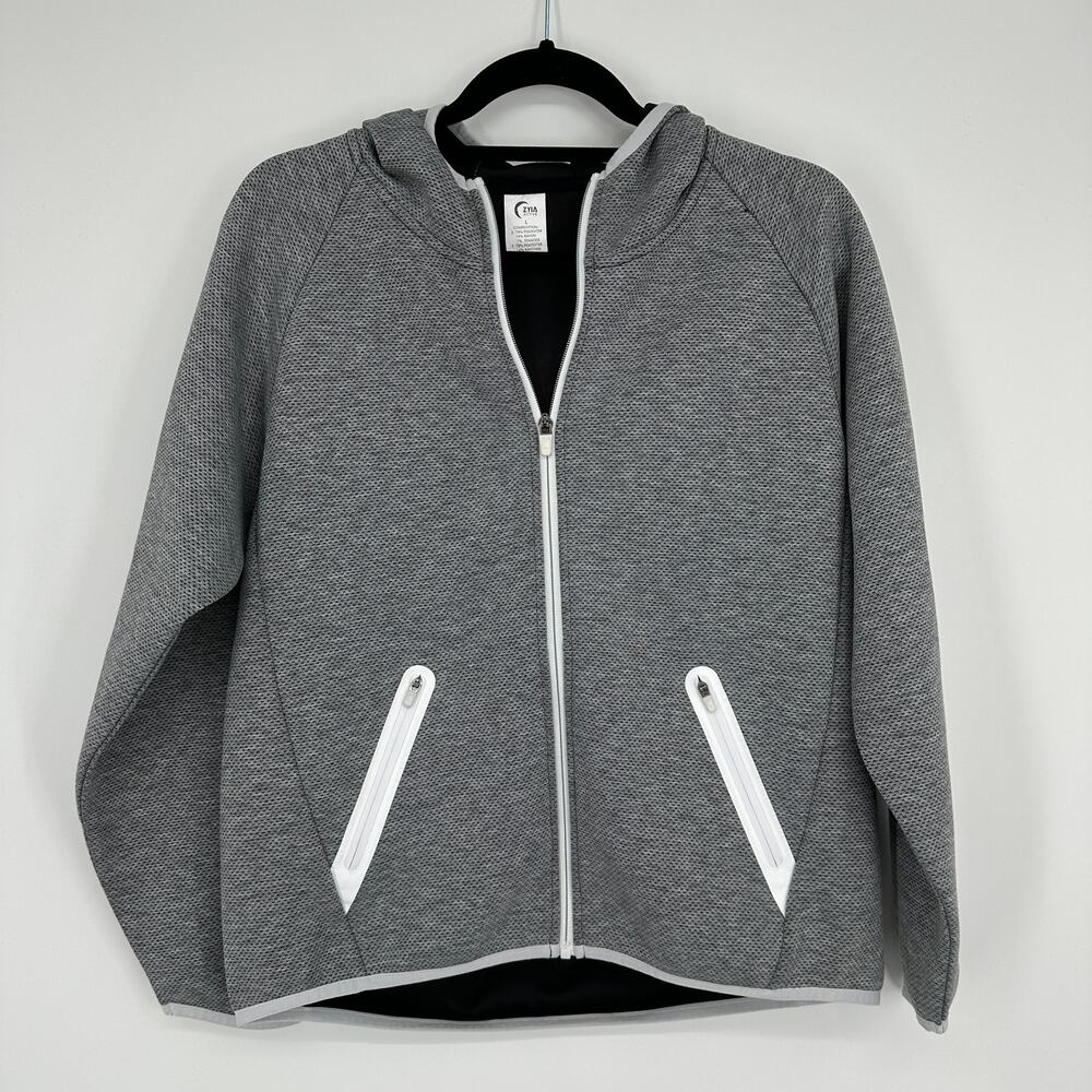 Zyia Active Zip Front Sport Hoodie Zip Pockets Grey White Jacket Womens Large
